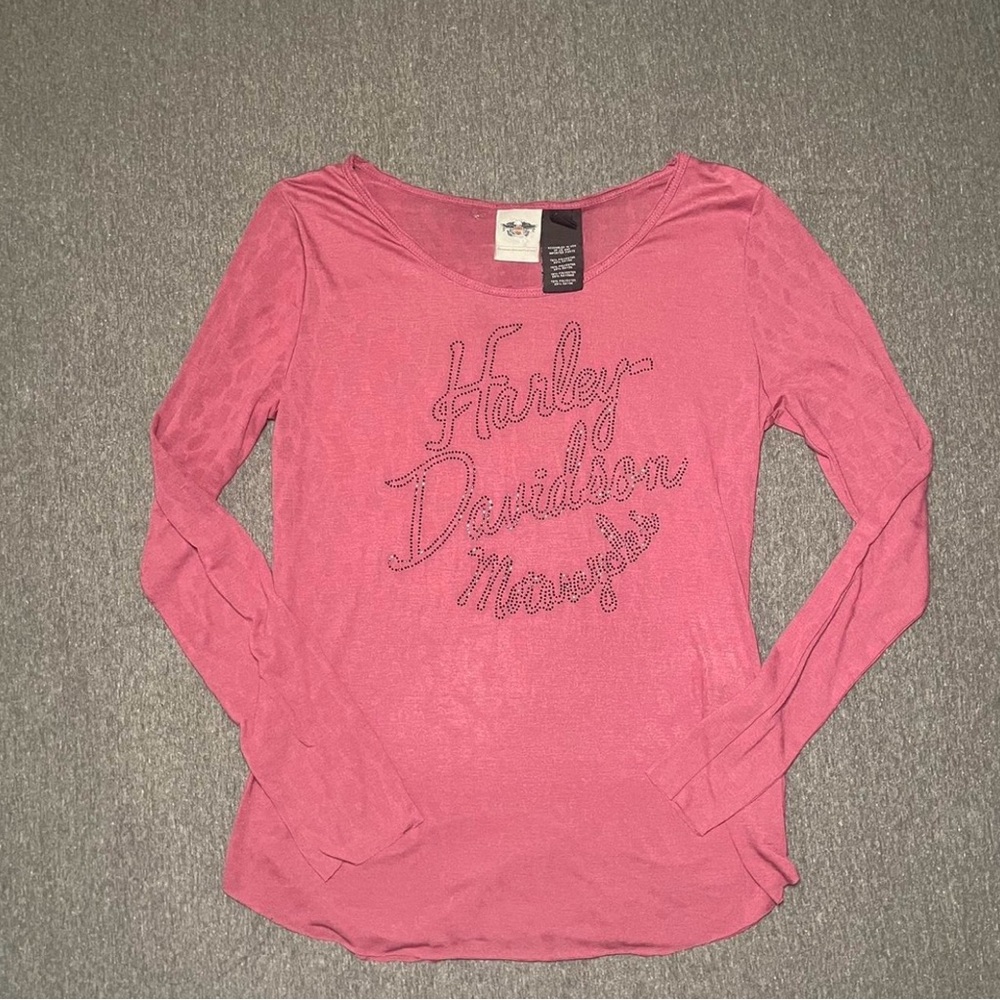 Harley-Davidson Rose Pink Rhinestone Logo Long Sleeve Shirt